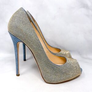 Giuseppe Zanotti Embellished Denim Chambray Platform Open Toe Pump Heels 39.5